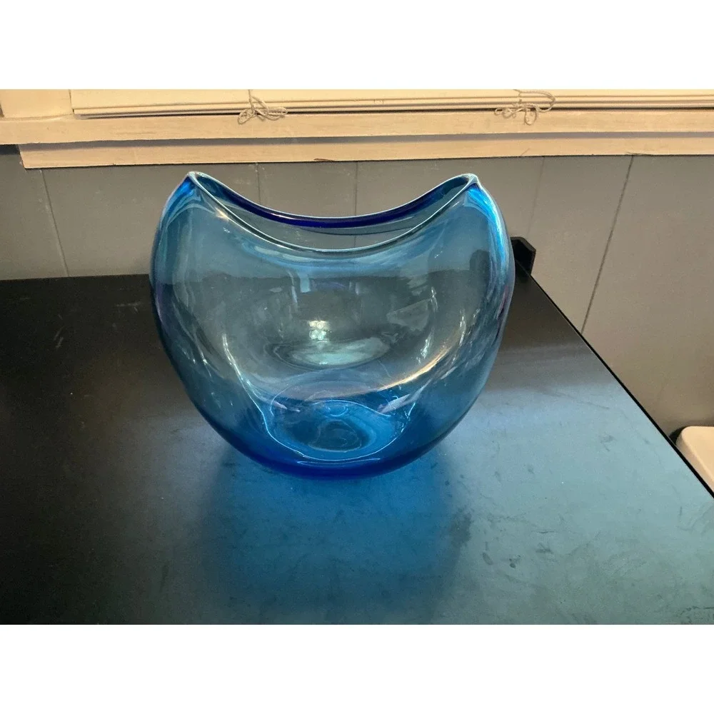 Blue Hand Blown Art Glass Crescent U-Shaped Sculptural Vase Centerpiece 9.5in